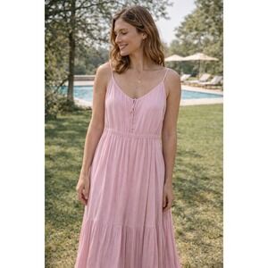 Abercrombie Fitch Women Dress  Gauzy Pink Tiered Midi Spaghetti Strap  Large